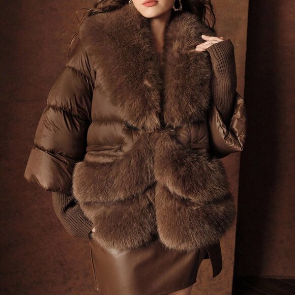 Brown Preppy Women's Plus Size Patchwork V-Neck Faux Fur Jacket - Picture 5 of 8